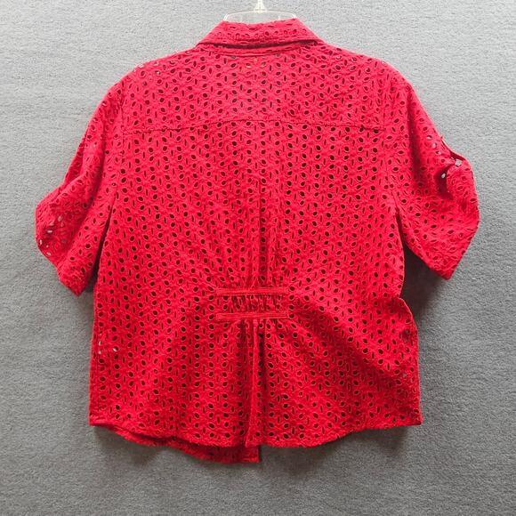 Ruby Red eyelet blouse beach coverup red cinched pleat on back button tab sleeve - Picture 4 of 7